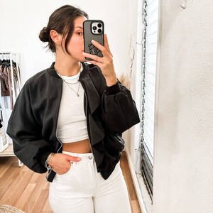 Excellent Condition Few Moda Ruffle Black Bomber Jacket - Size Small